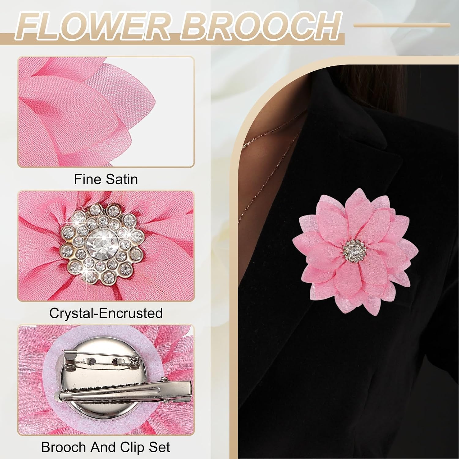 PATIKIL Flower Brooch, Flower Pins Satin Fabric Artificial Crystal Lotus Elegant Brooches Pin Clips Large for Women Clothes Wedding Handmade Floral Banquet