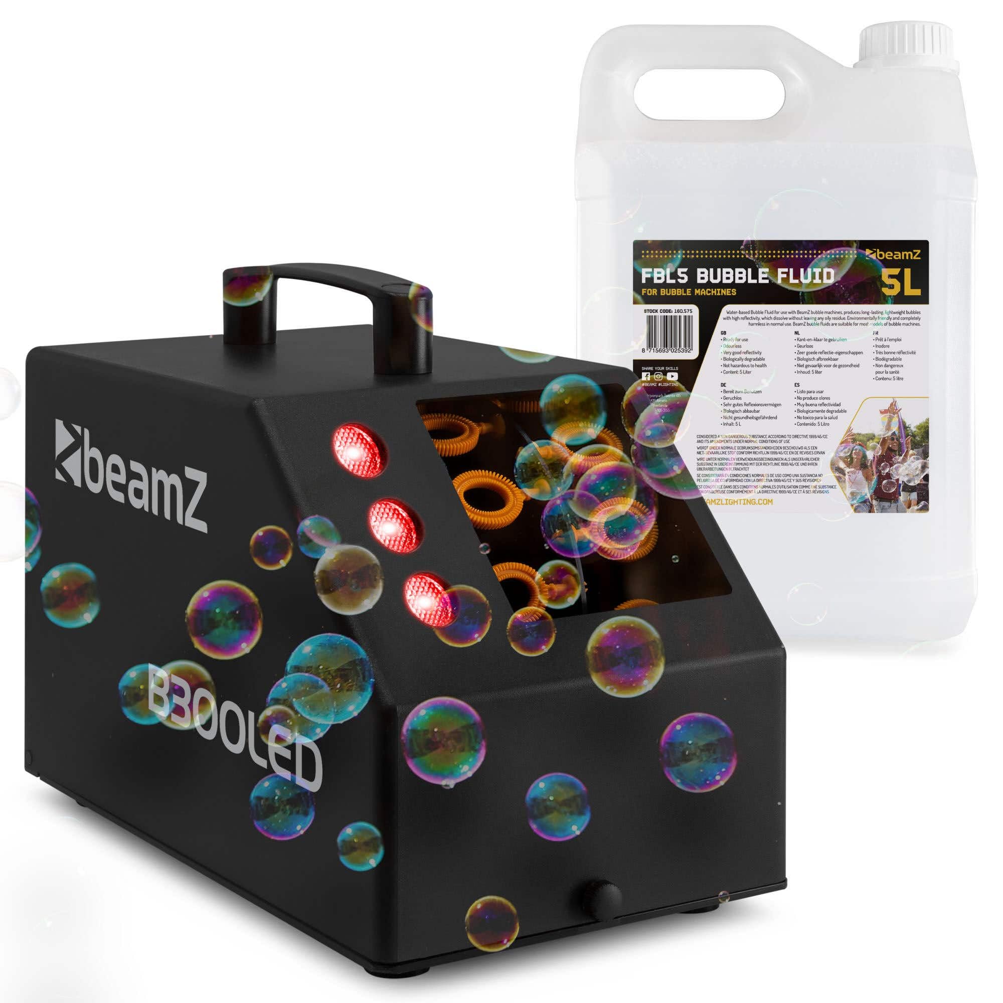 BeamZ B300LED - Máquina de Burbujas LED RGB con 5L líquido incluida, Ligera, portátil, depósito 700ml, Mando a Distancia, Potente Ventilador, para Fiestas temáticas y Eventos al Aire Libre