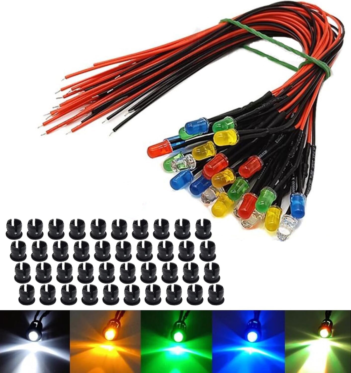 80Pcs 3MM 3Volt LED Lights Kit Emitting Diodes Pre Wired LED Lights Diodes 8 Colors with 80pcs 3mm Plastic Holders Panel Mount Black