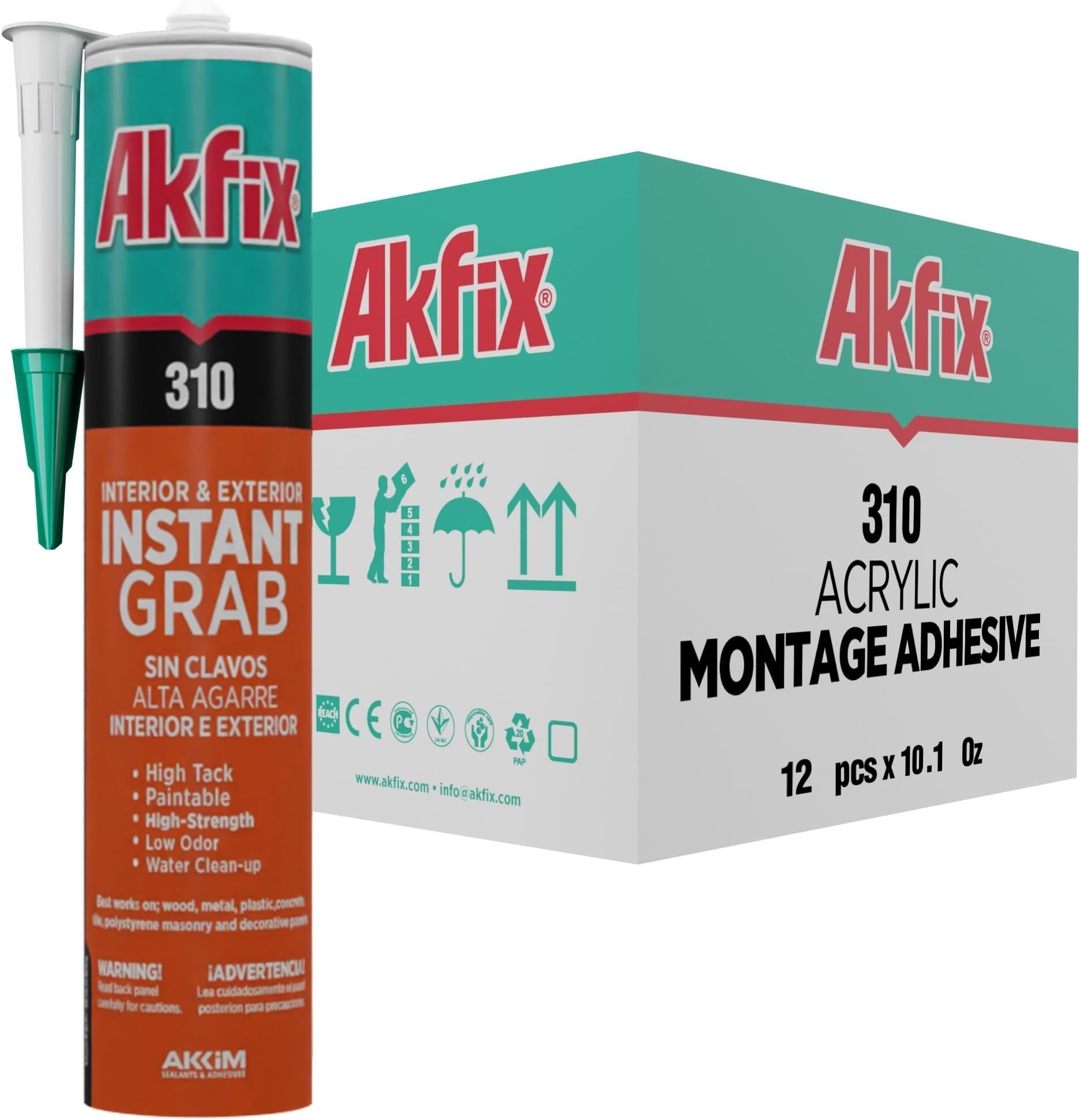 Akfix 310 Instant Grab Heavy Duty Construction Adhesive White (12x10.1 fl.oz.) - Ceramic Tile Adhesive, Low Odor, Paintable Construction Glue for Ceiling Tile, Foam Board, Wall Panels | 12 Pack