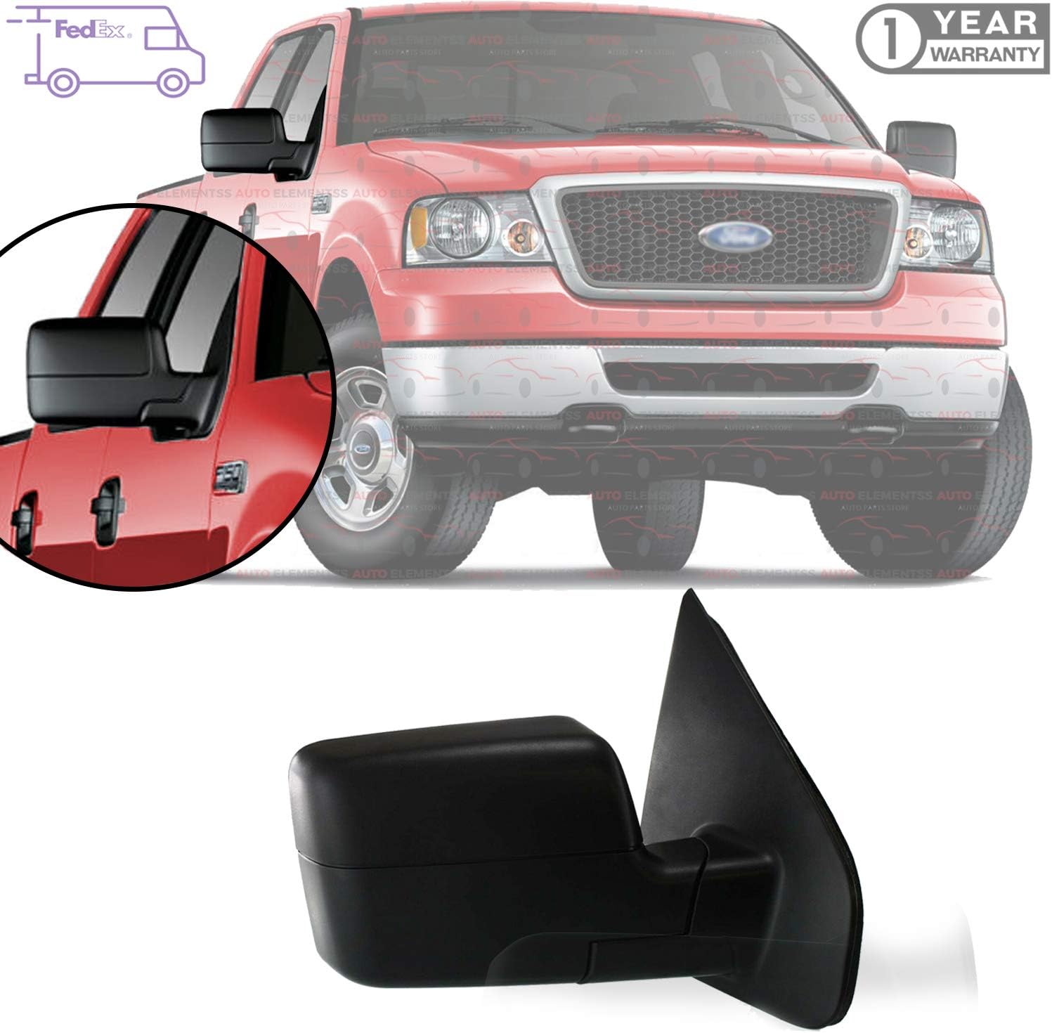 Power Mirror Right Passenger Side Textured Manual Folding Non-Heated Without Auto-Dimming For 2004–2008 Ford F-150 Direct Replacement 8L3Z17682EA