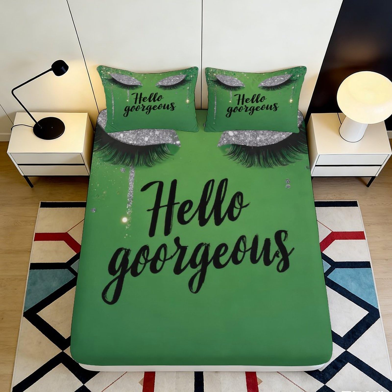 3D Printed Green Eyelash Fitted Sheet Microfiber Bedroom Decor Hello Gorgeous Bed Cover for Home Guest Room 90x200x25cm