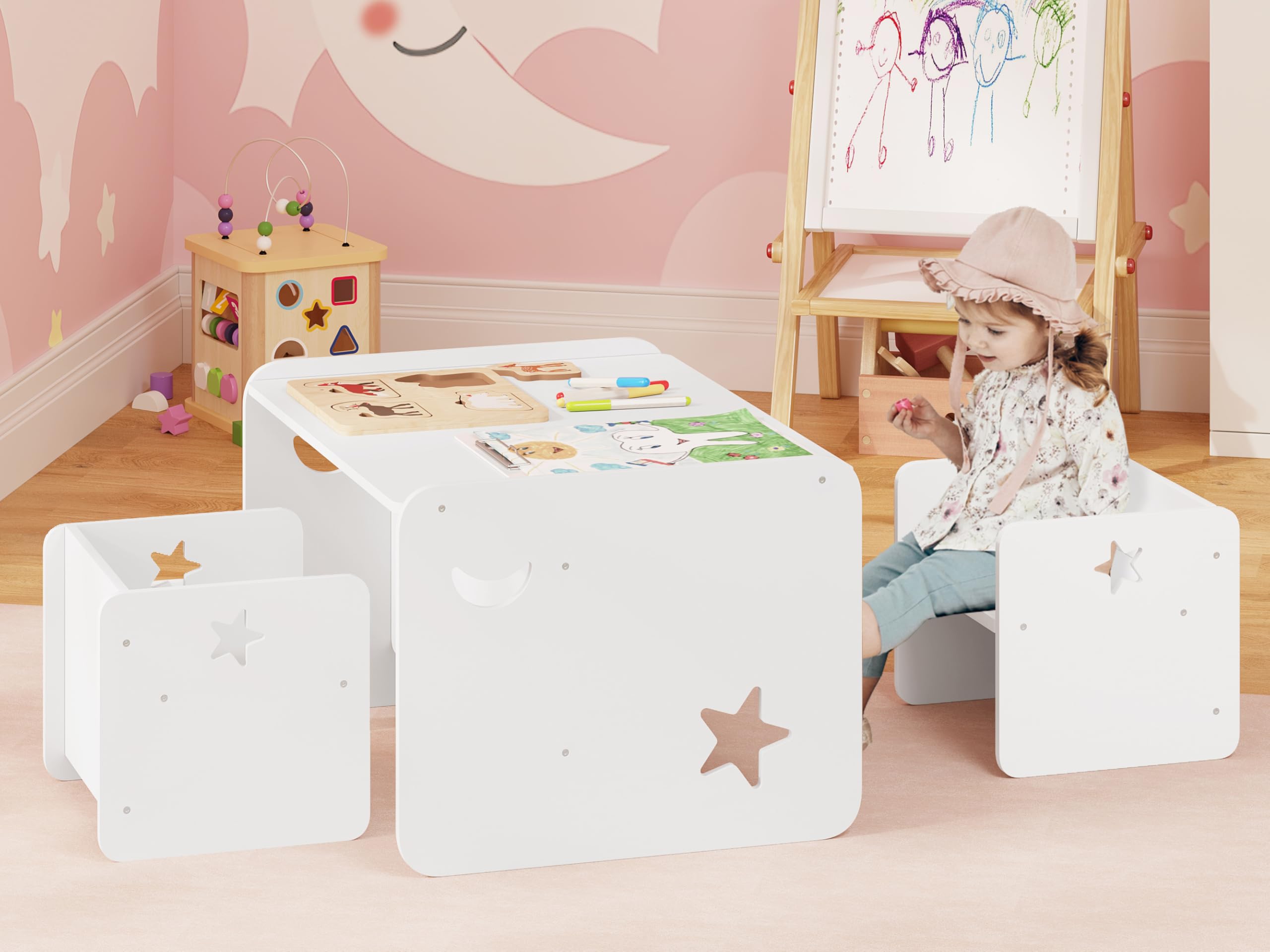 WOLTU Ensemble de Table et Chaises pour Enfant, Table Enfant avec 2 Chaises, pour Crèche, Jardin d'enfants, Salle à Manger, Blanc