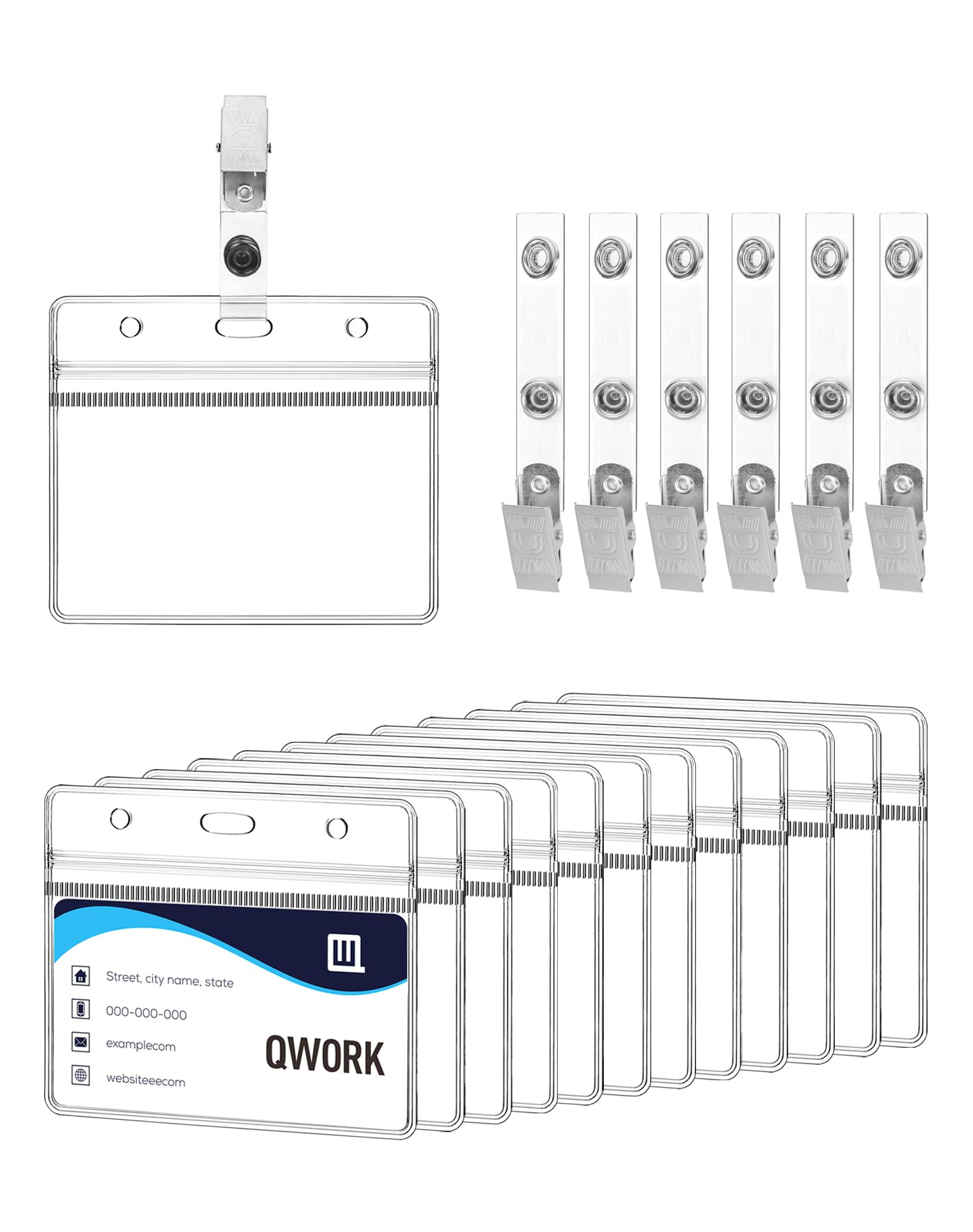 QWORK® 50-Pack Clear ID Card Holder Badge Holder with Metal Clip for Schools Events Businesses Suitable for Card Size 88 x 55 mm
