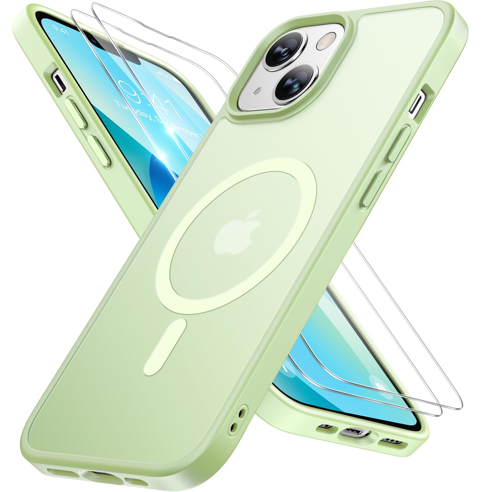 Miracase Magnetic for iPhone 13 Case 6.1 inch (Compatible with MagSafe)（with 2X Screen Protectors） Military-Grade Protection, Anti-Fingerprint Translucent Matte Phone Case Cover, Light Green