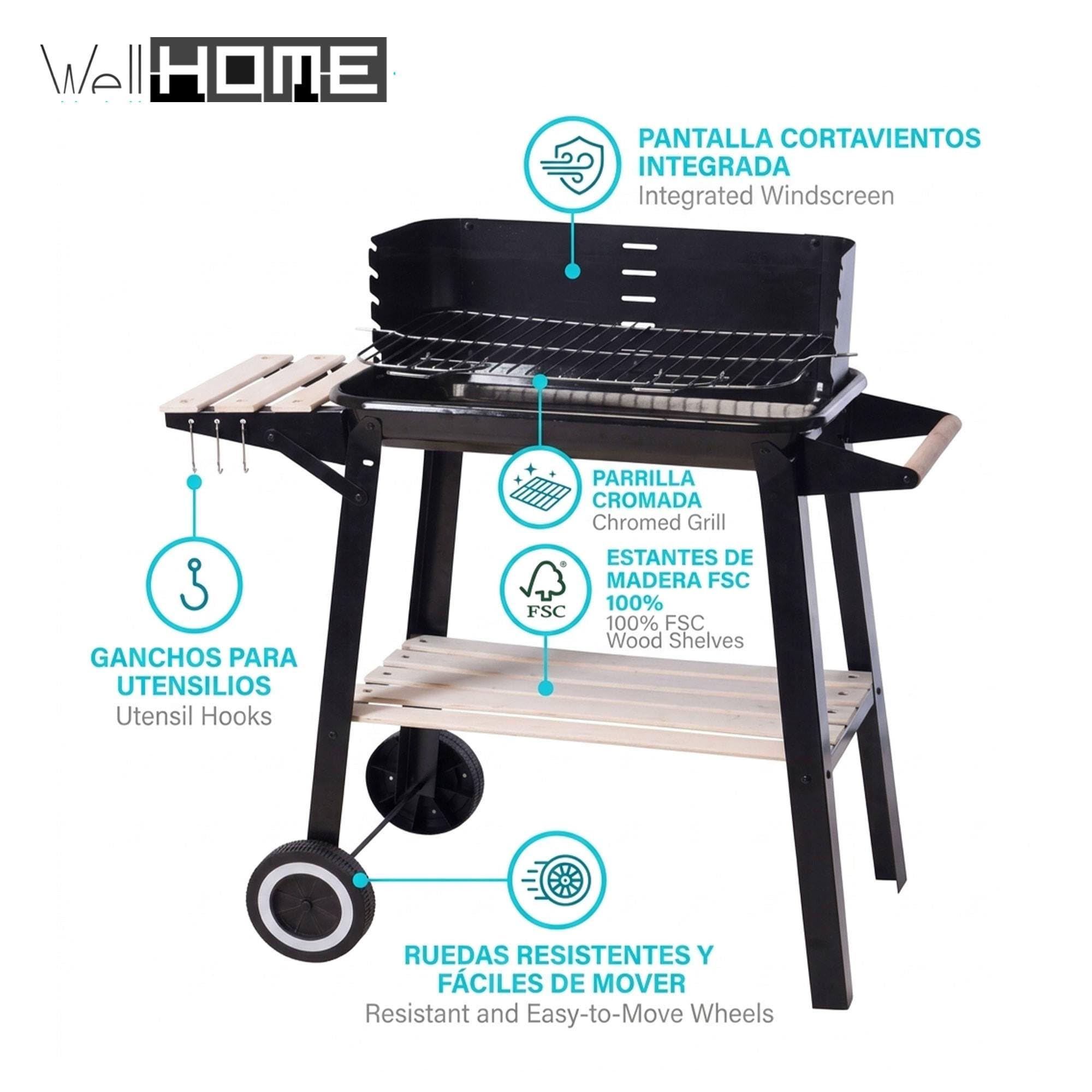 Well Home Barbacoa de Carbón Rectangular con Estantes de Madera FSC con Parrilla Cromada 45x24 cm - Barbacoa de Jardín con Cortavientos y Ruedas