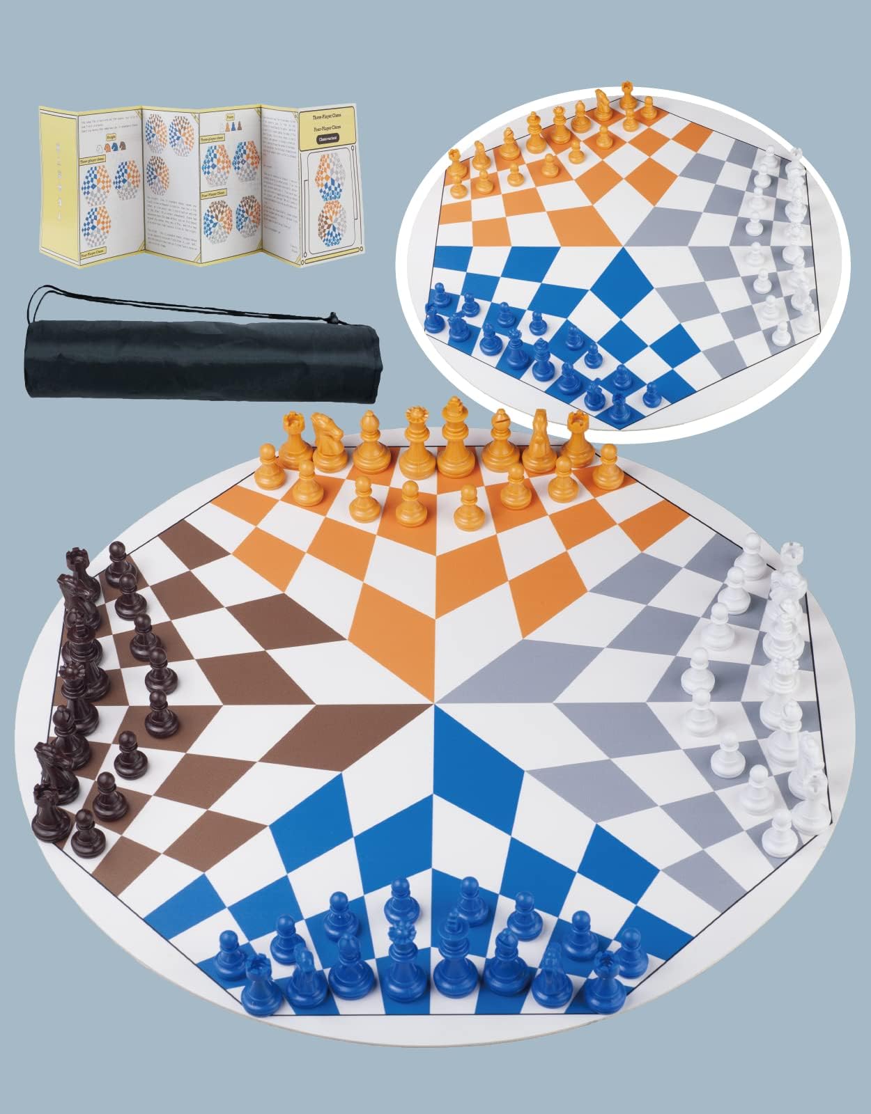 Extguds Three or Four Players Chess Set：A Leather Game Mat + 4 Packs of Pieces (64 Pieces) + 1 Game Manual + A Drawstring Storage Bag. A Strategy Chess Game for 2-4 Players