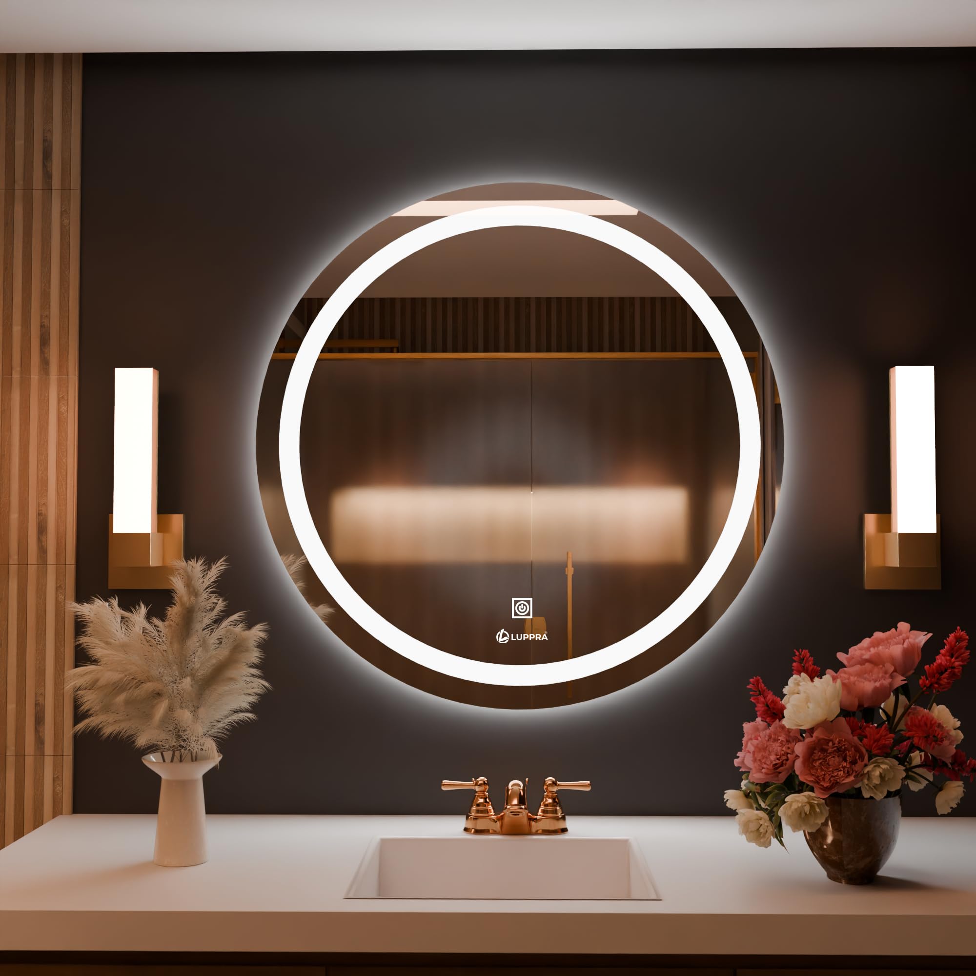 Glass Round Led Wall Mirror for Bathroom,Wash Basin Mirror 3 Led Lights(Warm,White,Natural White,Size 24X24 Inch,Framed)-image-5