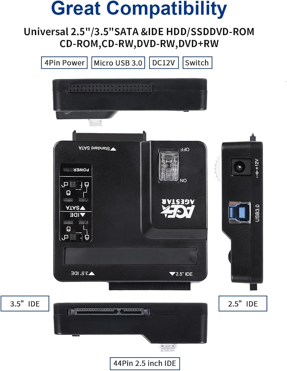 USB 3.0 to IDE and SATA Converter External Hard Drive Adapter Kit for Universal 2.5/3.5 HDD/SSD Hard Drive Disk, Included 12V/2A Power Adapter