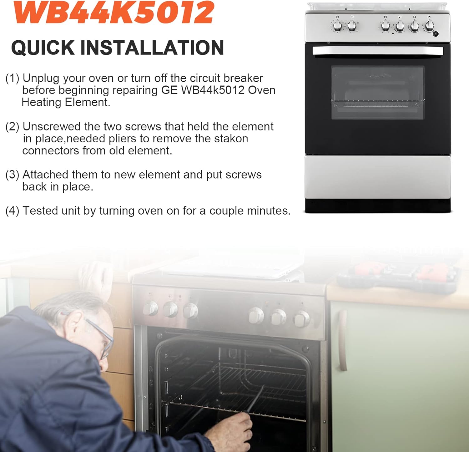 Bake Element WB44K5012 Heating Element Replacement RANGE BAKE ELEMENT wb44k5012 for GE Hot.point Kenmore Oven - Replaces 325883,340521,8029,WB44K5012E,Model #9119504190, 9114638812,and more