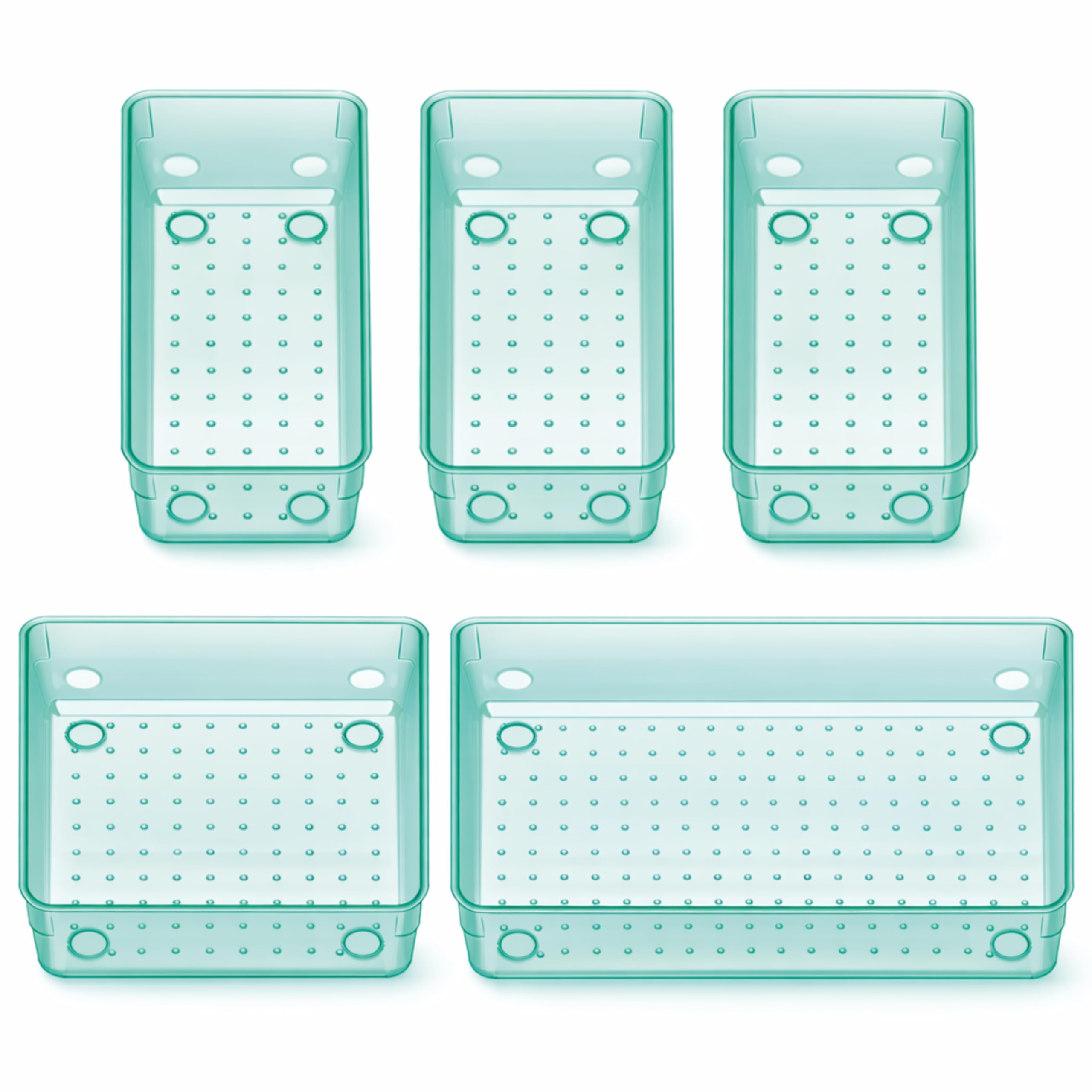 JIALTO 5-Piece Acrylic Drawer Organizer Tray Set – Clear Plastic Storage Bins for Makeup, Cosmetics, Jewelry, Kitchen, Office, Bathroom & Dressing Table Drawer Organizer (Seal Blue)