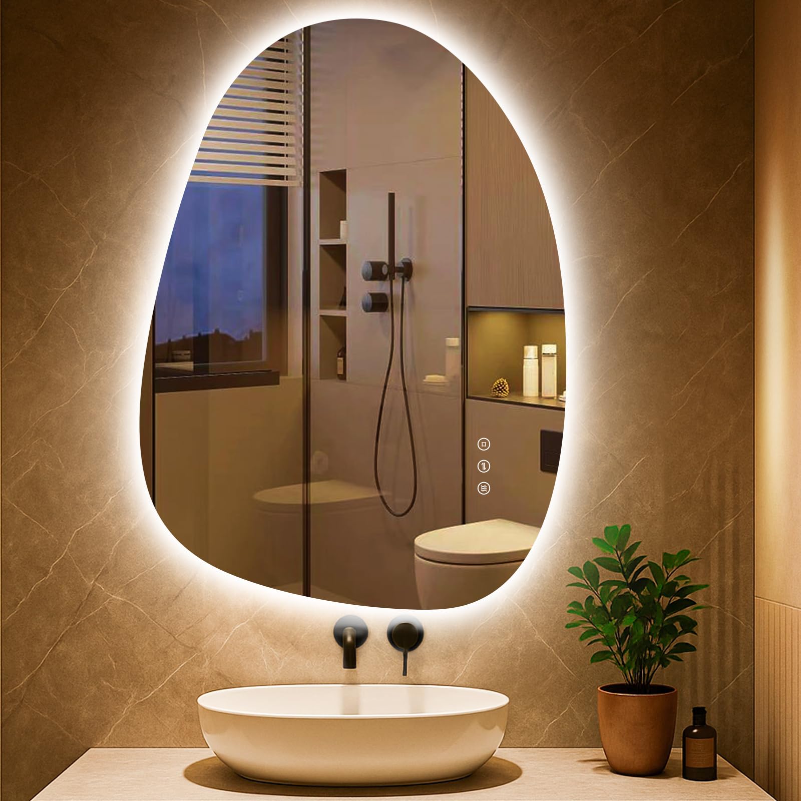 PESENXAN Asymmetrischer LED-Badspiegel mit Beleuchtung 83x60 cm, Beschlagfrei, 3 Lichtfarben Einstellbare Spiegel Bad mit Beleuchtung,Dimmbar, mit Memory-Funktion, Energiesparend,Horizontal/Vertikal
