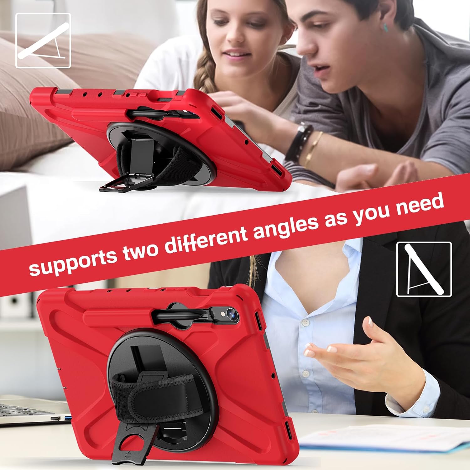Heavy Duty Shockproof Tablet Cover Compatible with Lenovo Tab M9 Case 9 inch (TB-310FU),Three-in-one Shatter-Resistant Shell Rugged Protective Case with Shoulder Strap, Rotating Stand(Red)