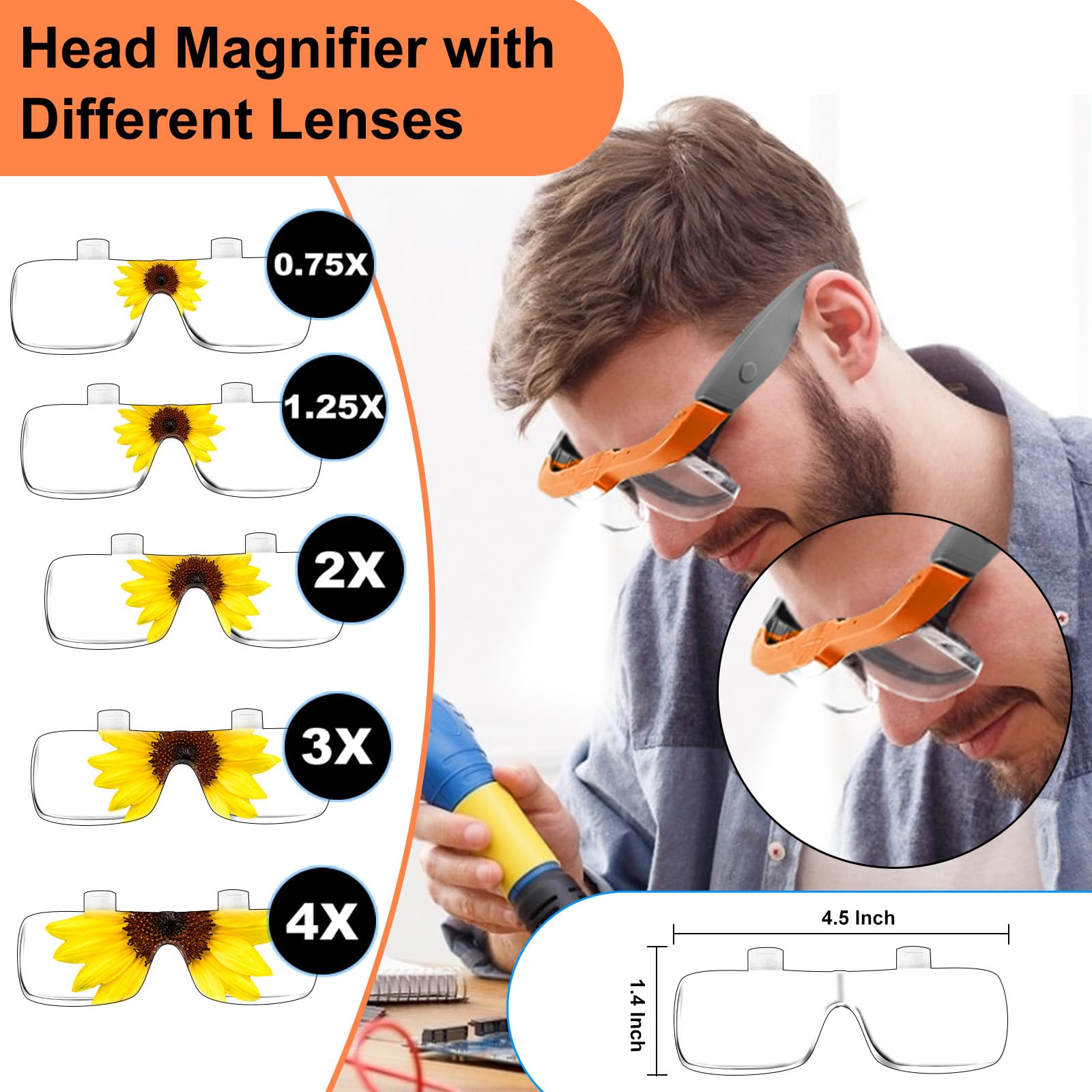 Lupe mit Licht, freihändig, wiederaufladbares Headset mit 5 abnehmbaren Gläsern für enge Arbeiten, Lesen, Schmuckherstellung (Orange und Grau)