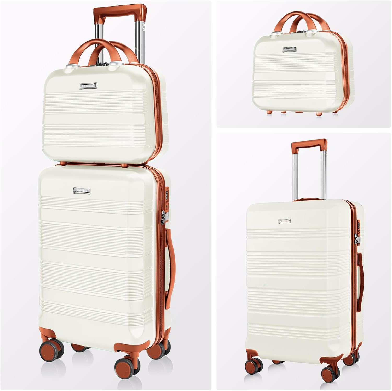 2-Piece Carry On Luggage Set, 14-Inch Makeup Case & 20-Inch Suitcase, PC+ABS Hardshell, TSA Lock, Detachable 360° Spinner Wheels, Lightweight Travel Suitcase for Short Trips(Beige Brown)