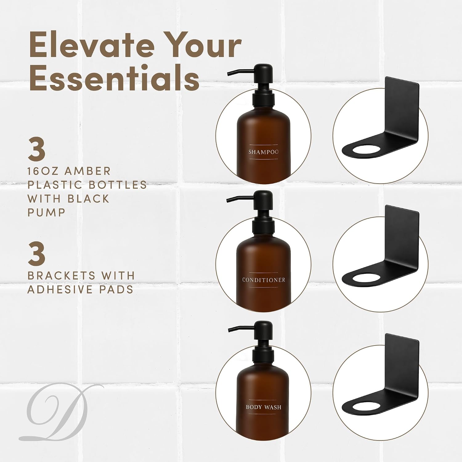 Shampoo and Conditioner Dispenser | Refillable Shower Dispenser Bottles | Bathroom Dispenser Sets | Wall Mount Shower Dispenser with No Drill Brackets | Amber Plastic Pump Bottles, 3 Pack, 16oz Each