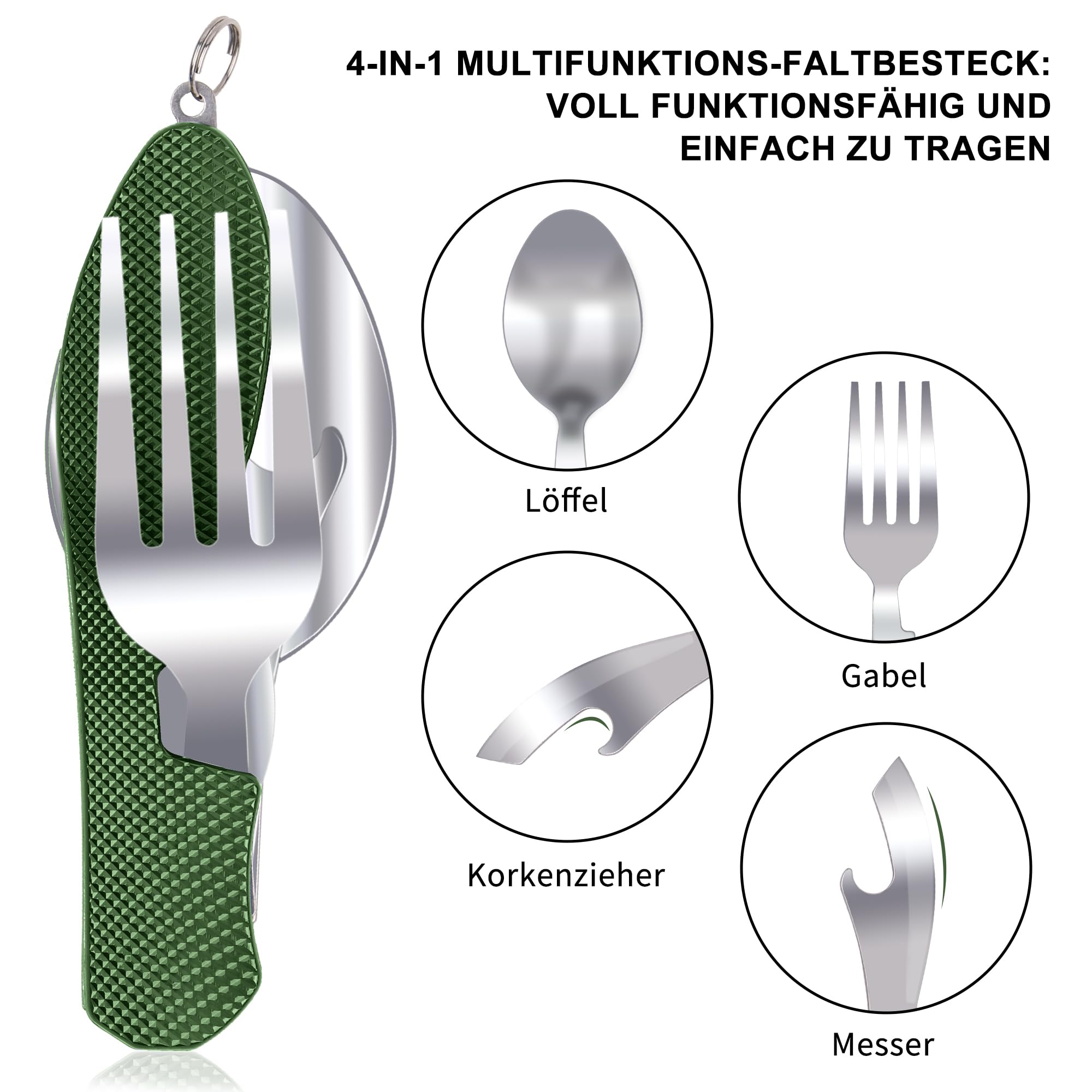 Set De Couverts Pliants Camping 6 En 1 Cersaty - Acier Inoxydable Avec Mousqueton