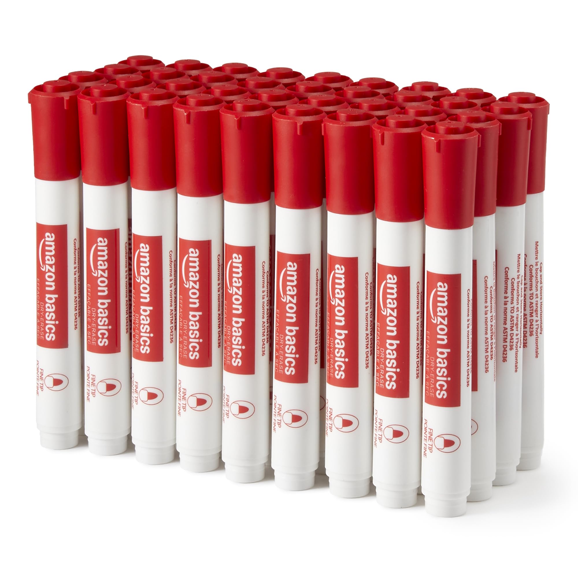 Amazon Basics Low-Odor Whiteboard Markers for Whiteboards, Fine Tip, Red, Pack of 36