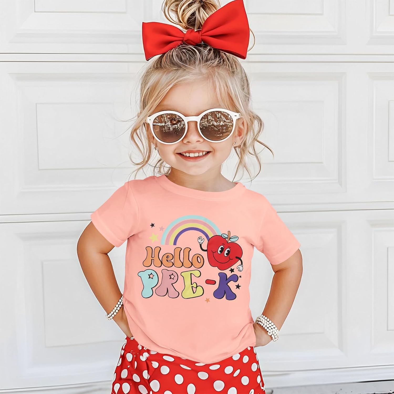 GLIGLITTR Hello Pre K Shirts for Toddler Girls First Day of Pre-K T-Shirt Apple Rainbow Back to School Outfit School Tee Tops
