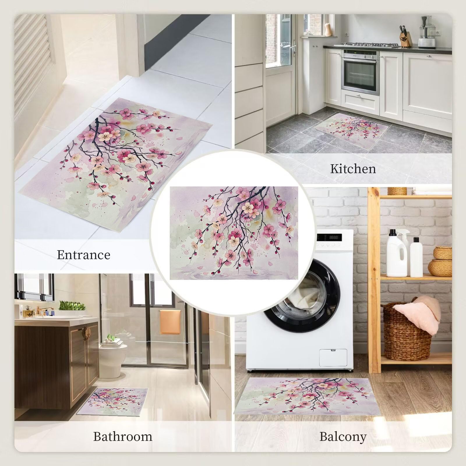 Zerbino Ingresso Interno Fiori Orientali Rami Piangenti, Zerbino Di Benvenuto Lavabile Morbida Piante Semplici Ad Acquerello, Antiscivolo Tappeto Da Decorazioni Rosa Per Casa Porta, 60X90Cm
