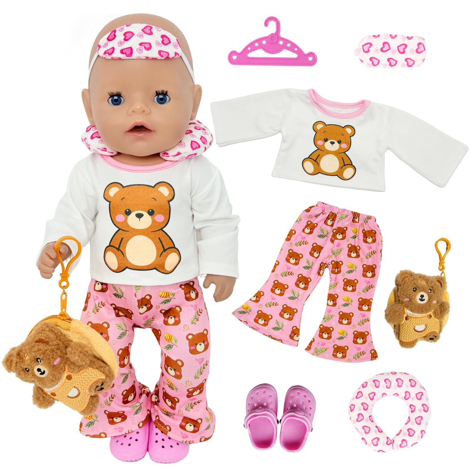 Atomvia Baby Doll Clothes 35–43 cm, 7-Piece Baby Doll Outfit with Top, Flared Pants, Neck Pillow, Sleep Mask, Shoes, Bear Purse and Clothes Hanger, Dolls Clothes Accessories 43 cm (Without Doll)