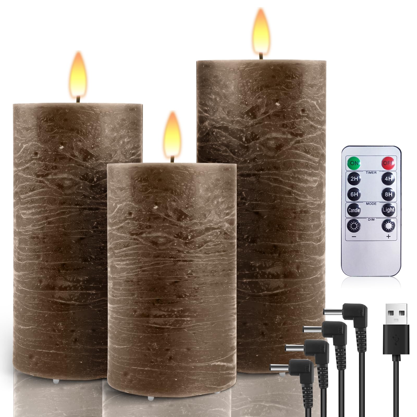 AiiBowy LED Candles Rechargeable USB [Set of 3] LED Candles Flickering Pillar with Remote Control, Flameless LED Candles for Halloween Christmas Wedding Birthday Party Decorations Brown