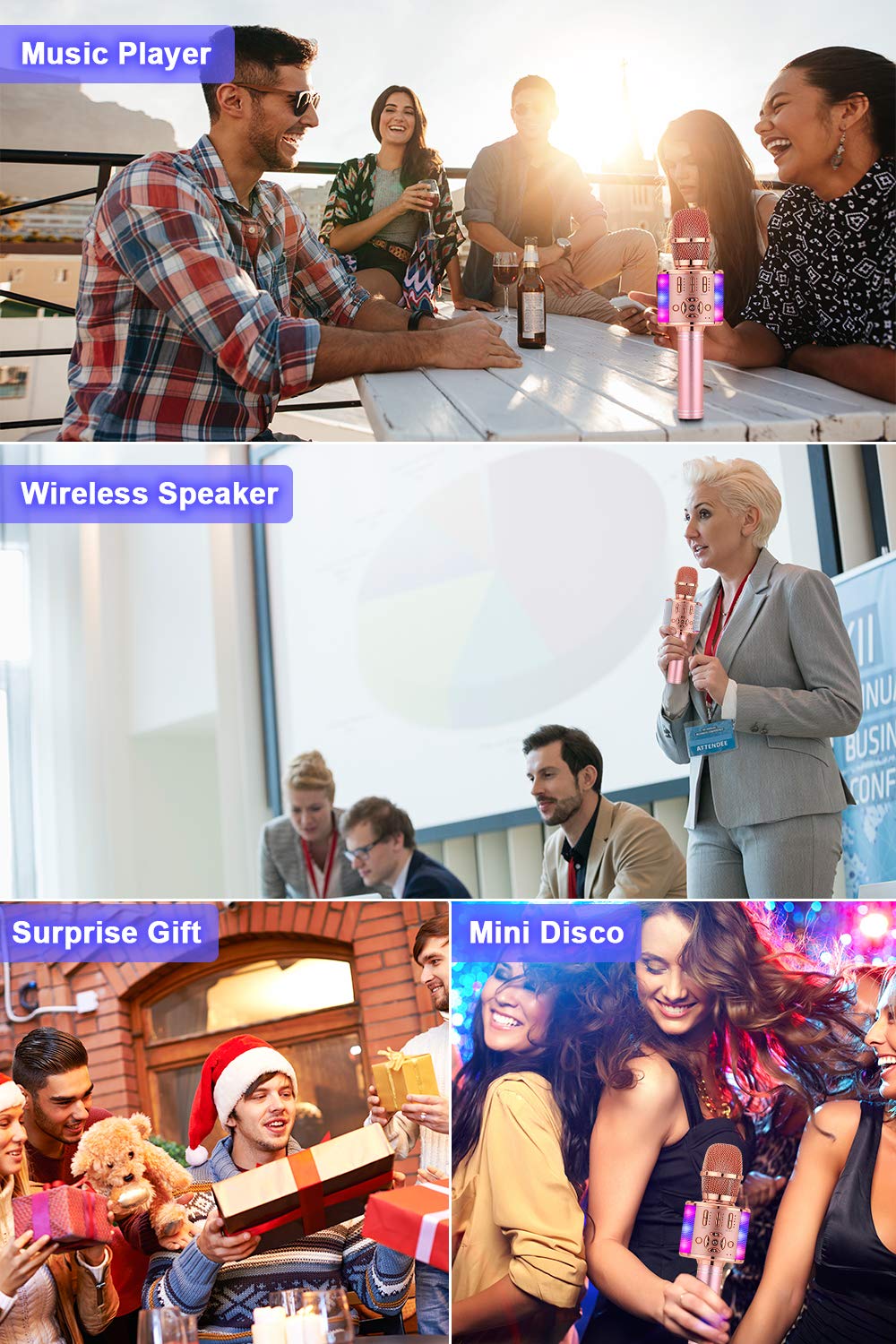 BONAOK Kabelloses Bluetooth-Mikrofon, Kindermikrofon mit LED-Lichtern, Mini-Karaoke-Maschine für Party/Zuhause/Geburtstag, kompatibel mit Bluetooth iOS Android (Roségold)