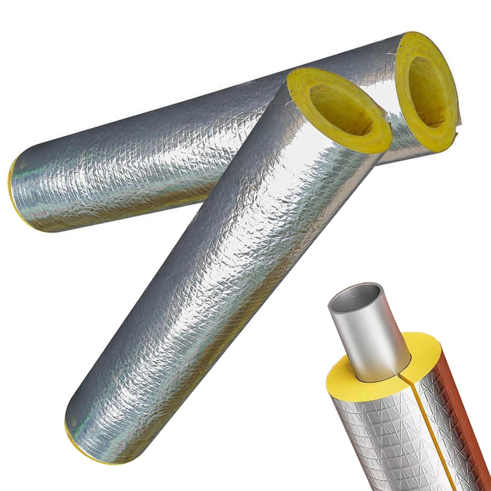 Coquilla Aislante De Papel De Aluminio Autoadhesivo, Carcasa De Tubo De Lana De Roca De 100Cm, Semi-Dividida/Impermeable/Retardante De Llama(ID114.0mmxT30.0mmxL1.0m)