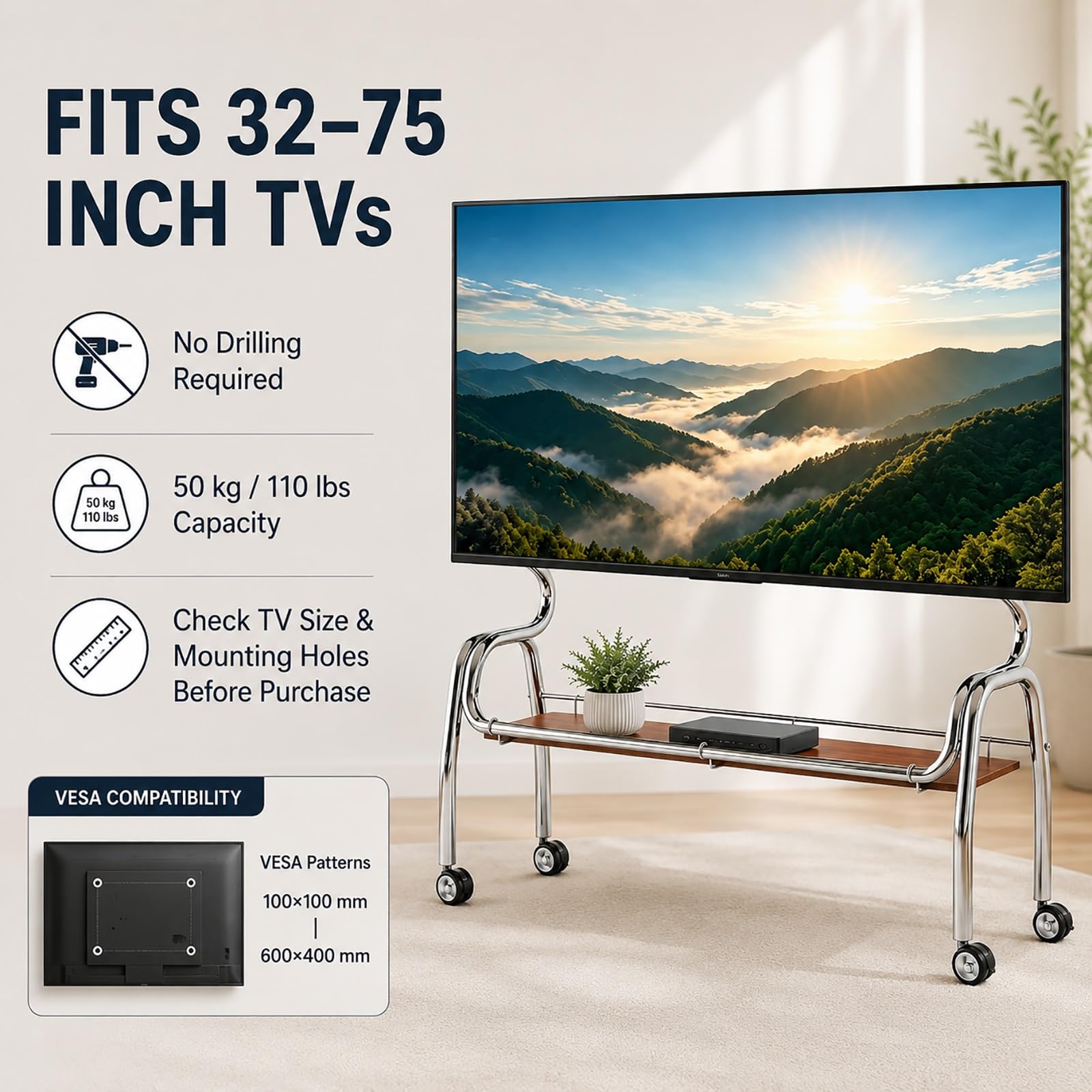 Supporto TV Mobile con Ruote, Supporto TV Portatile per Televisori da 32–75 Pollici | Ruote con Blocco, Acciaio Inossidabile, Carrello Autoportante con Mensola Portaoggetti(Black,120cm/47in)
