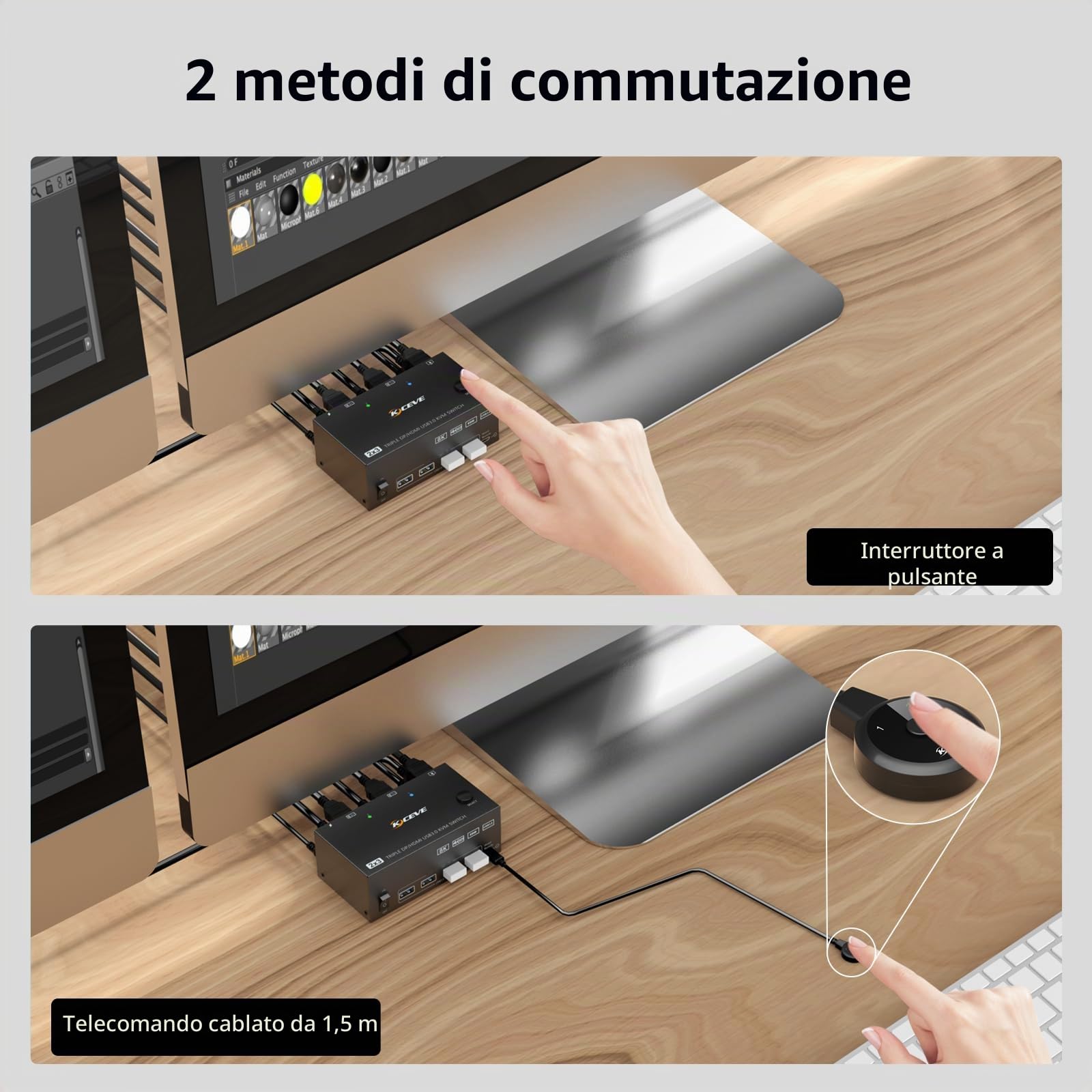 KVM Switch 2 PC 3 Monitor 8K@60Hz / 4K@144Hz, Displayport 1.4 HDMI 2.1 USB 3.0 KVM Switch Triplo Monitor per 2 PC Condividi Mouse e Tastiera, Wired Remote(8K HD DP 2 in 3 out)
