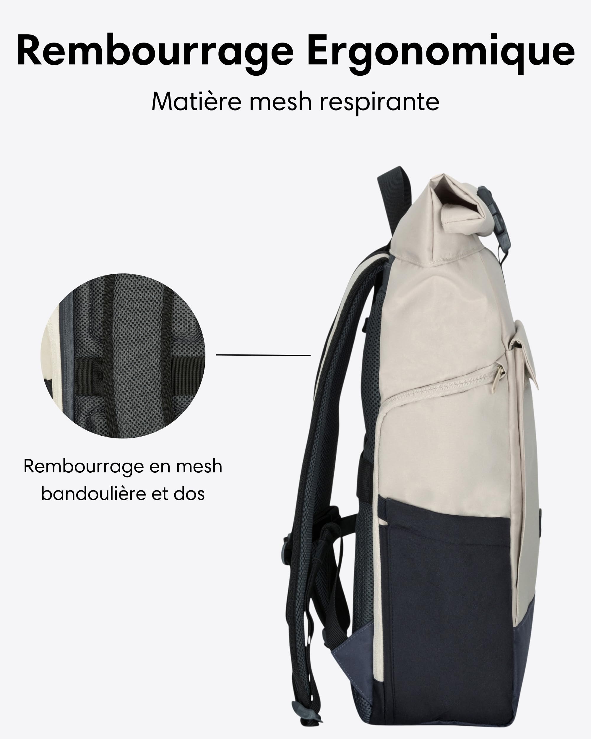 LARKSON Sac à Dos Femme Homme Beige Gris - No 4 Large - Sac à Dos De Voyage Grand Format - Backpack Avec Compartiment Pour Ordinateur Portable 16 Pouces - Hydrofuge
