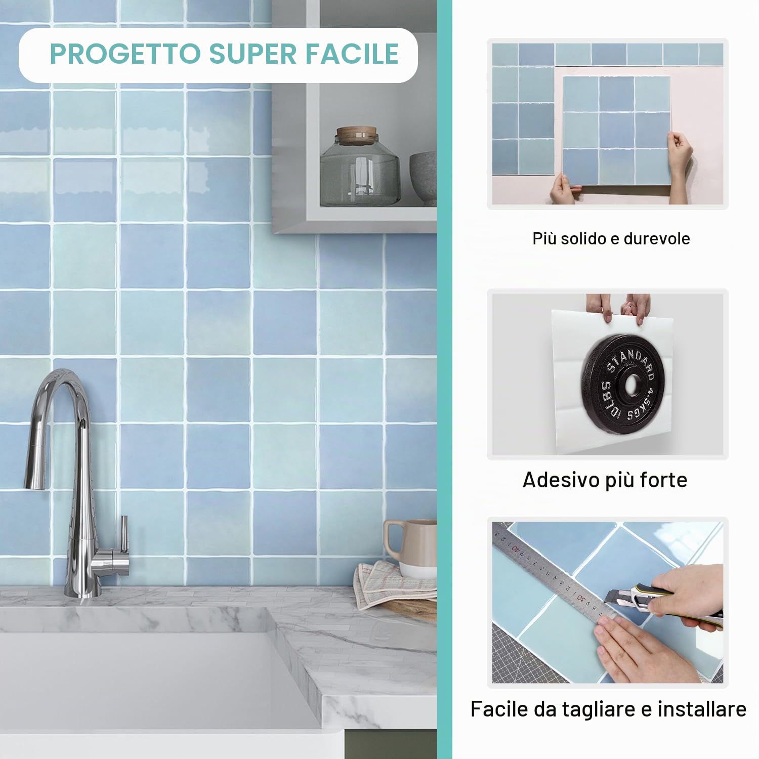 Commomy Più Spessi Piastrelle Adesive Cucina Azzurro Chiaro, 10 pezzi | Paraschizzi Cucina Mattonelle Adesive Bagno, Vinile Pannelli Decorative 3D per Parete,30,5 x 30,5 cm