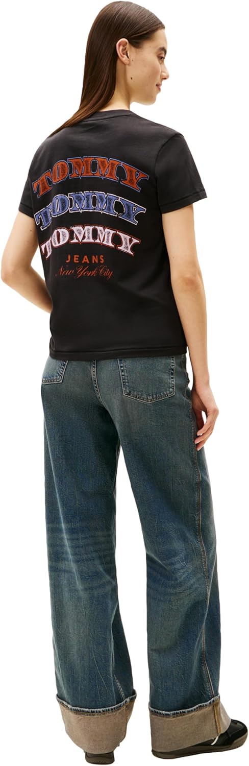 Tommy Jeans Womens Short Sleeve Cotton Graphic T-Shirt with Printed Stacked Back Graphic - Image 4