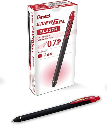 Pentel EnerGel Kuro - Bolígrafo de gel líquido, (punta de 132 pulgadas - 0.7 mm) línea media, tinta roja, paquete de 12 (BL437R1-B)