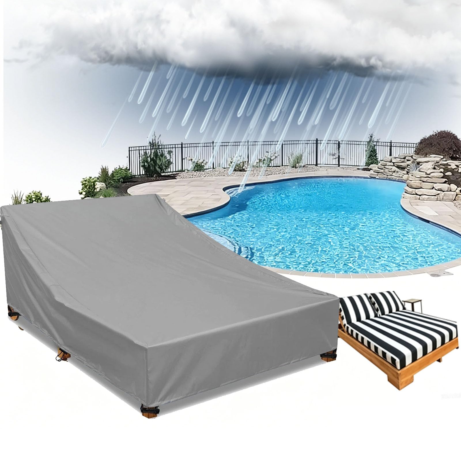 Waterproof Patio Rattan Two People Lounger Chair Cover,Outdoor Sun Lounger Covers Heavy Duty Outside Garden Two People Sunbed Cover Windproof Anti-UV with Adjustabl(Size:210D-209x145x28cm,Color:Gray)