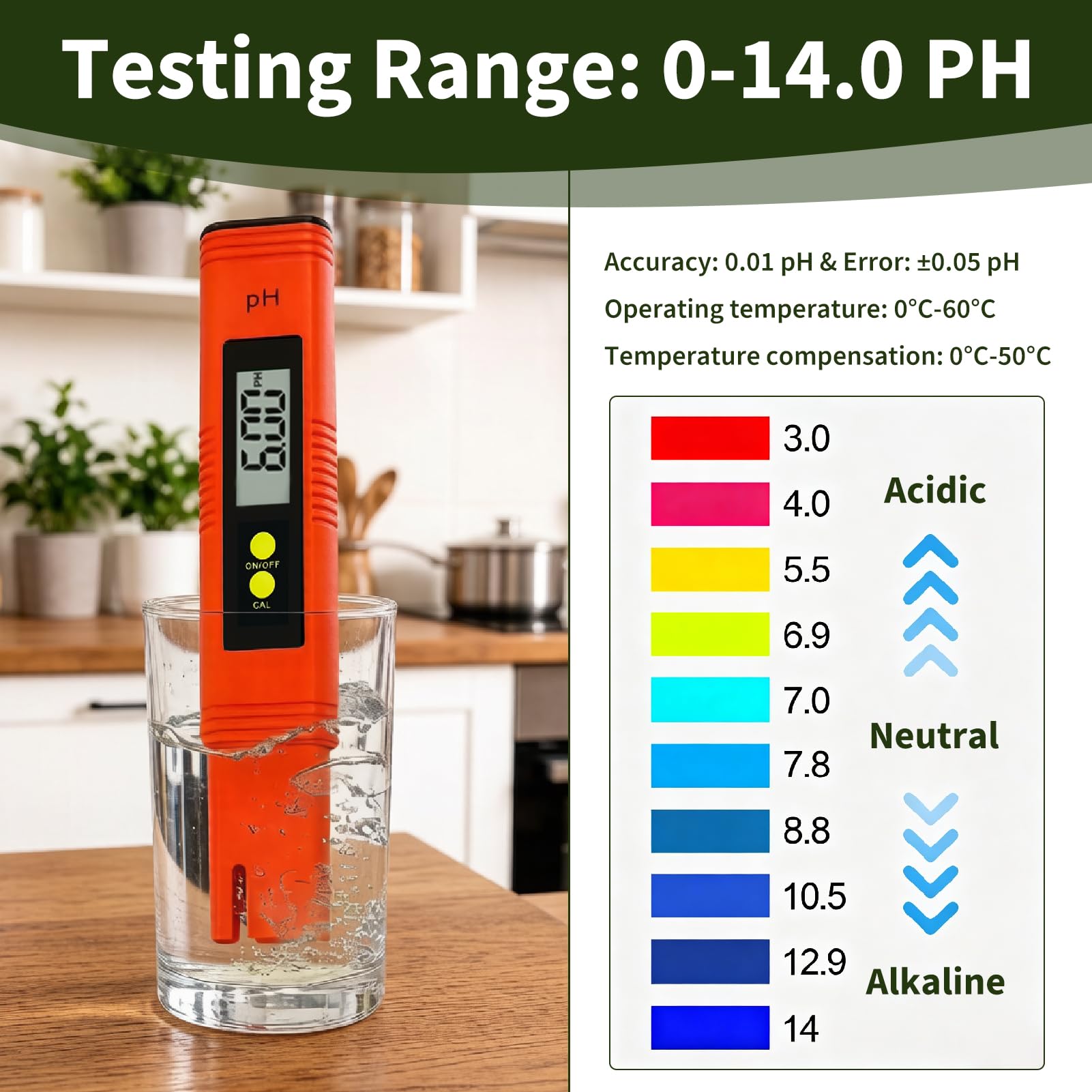 Professionelles digitales pH-Messgerät, pH Meter 0,00–14,00, hohe Genauigkeit 0,01, mit automatischer Kalibrierung, LCD-Display, tragbarer Wasserteststift für Aquarium, Pool, Spa, Hydrokultur
