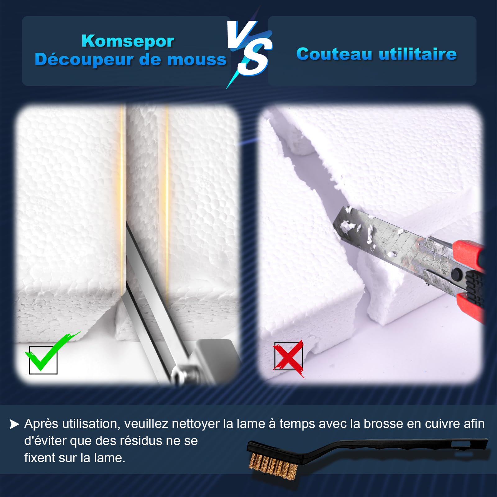Komsepor 200W Couteau Électrique à Chaud Découpeur de Mousse avec 4 Lames en Nickel-Chrome 0-600℃ 220-240V avec Système de Refroidissement pour Polystyrène (Refroidissement à l'Air Bleu 200W)