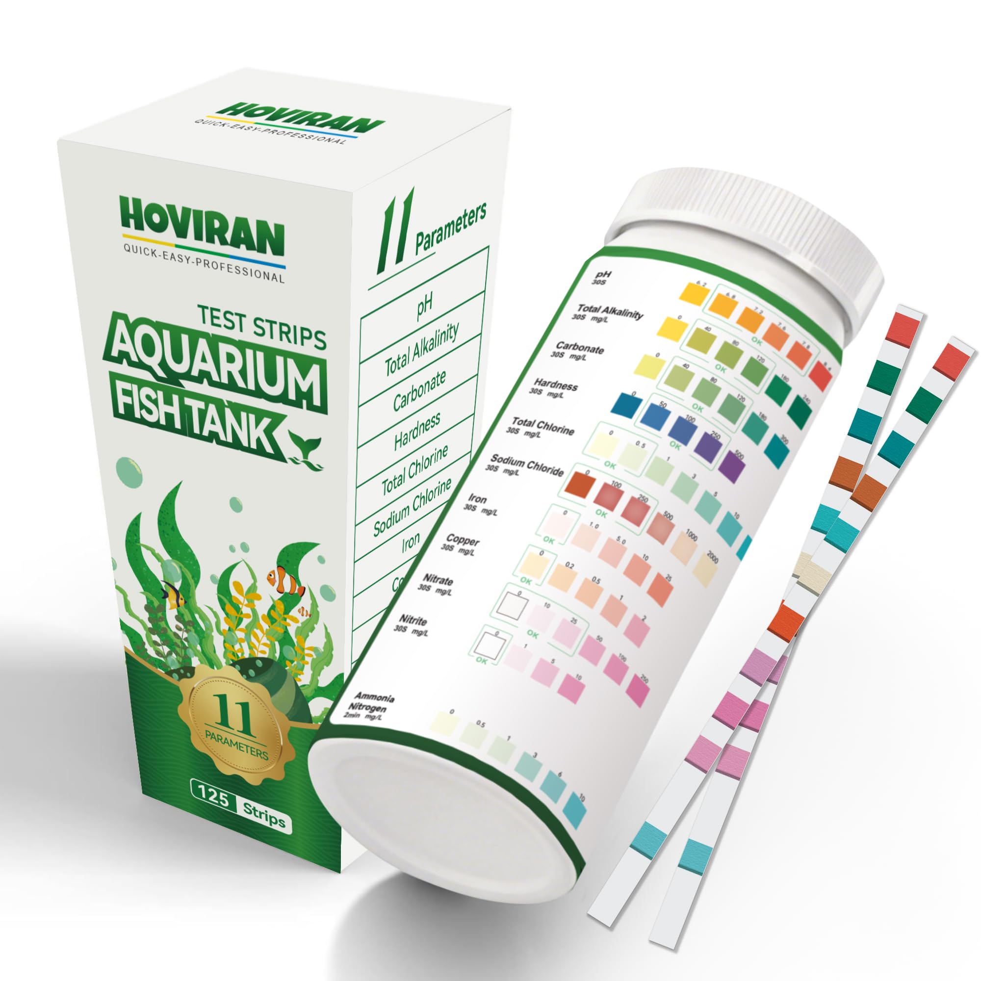 Lot de 125 bandelettes de test 11 en 1 pour aquariums et étangs, teste le pH, l'ammoniac, le nitrate, l'alcalinité, le fer, le cuivre, etc. Kit de test pour aquarium d'eau douce et salée | Bandelettes de test pour aquarium ammoniaque 11 en 1