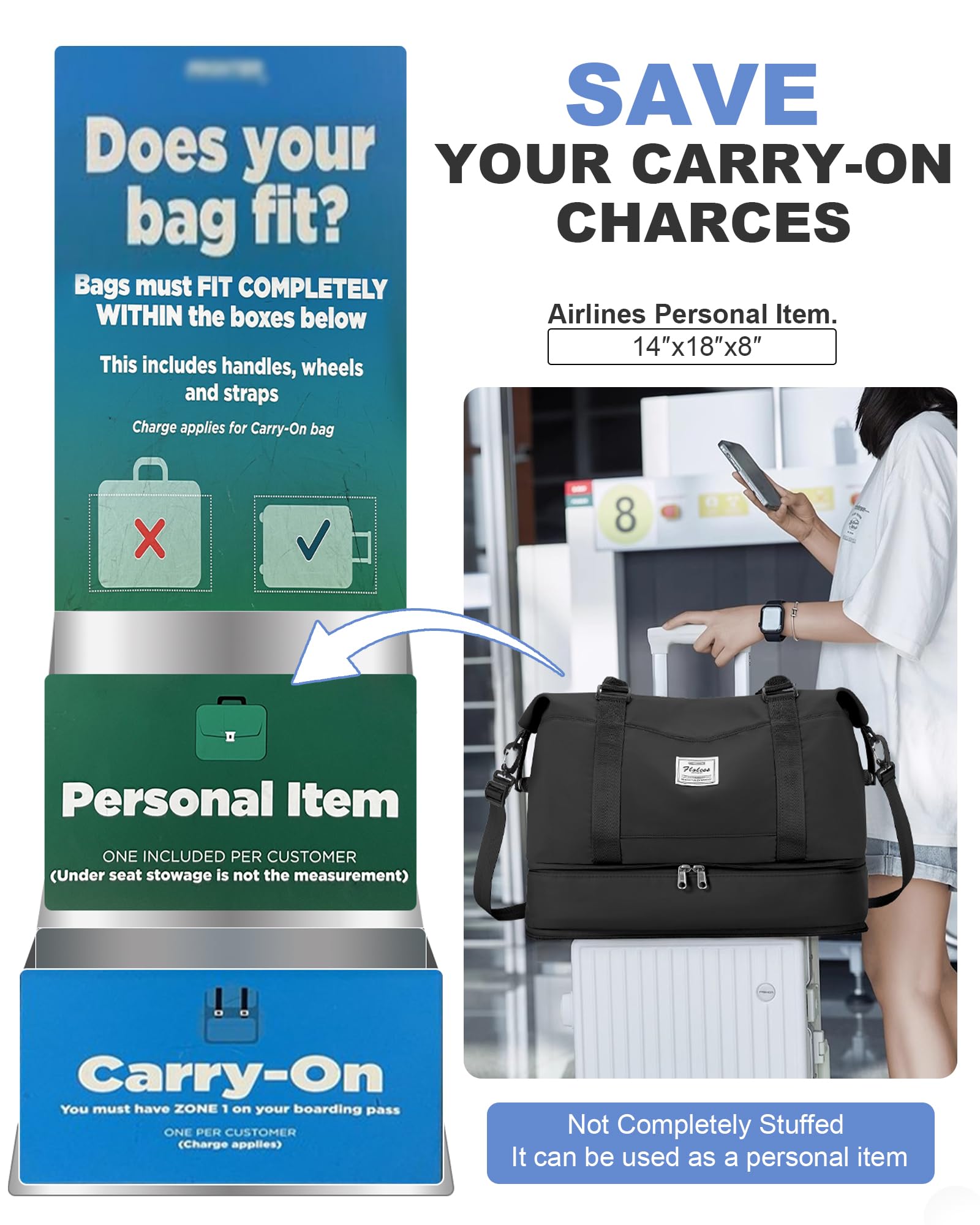 Travel Duffel Bag, 18x14x8 Inches Travel Bag Spirit with Shoes Compartment, Weekender Overnight Bag for Women with Trolley Sleeve, Carry On Bag for Airplanes Sport Tote Gym Bag Black