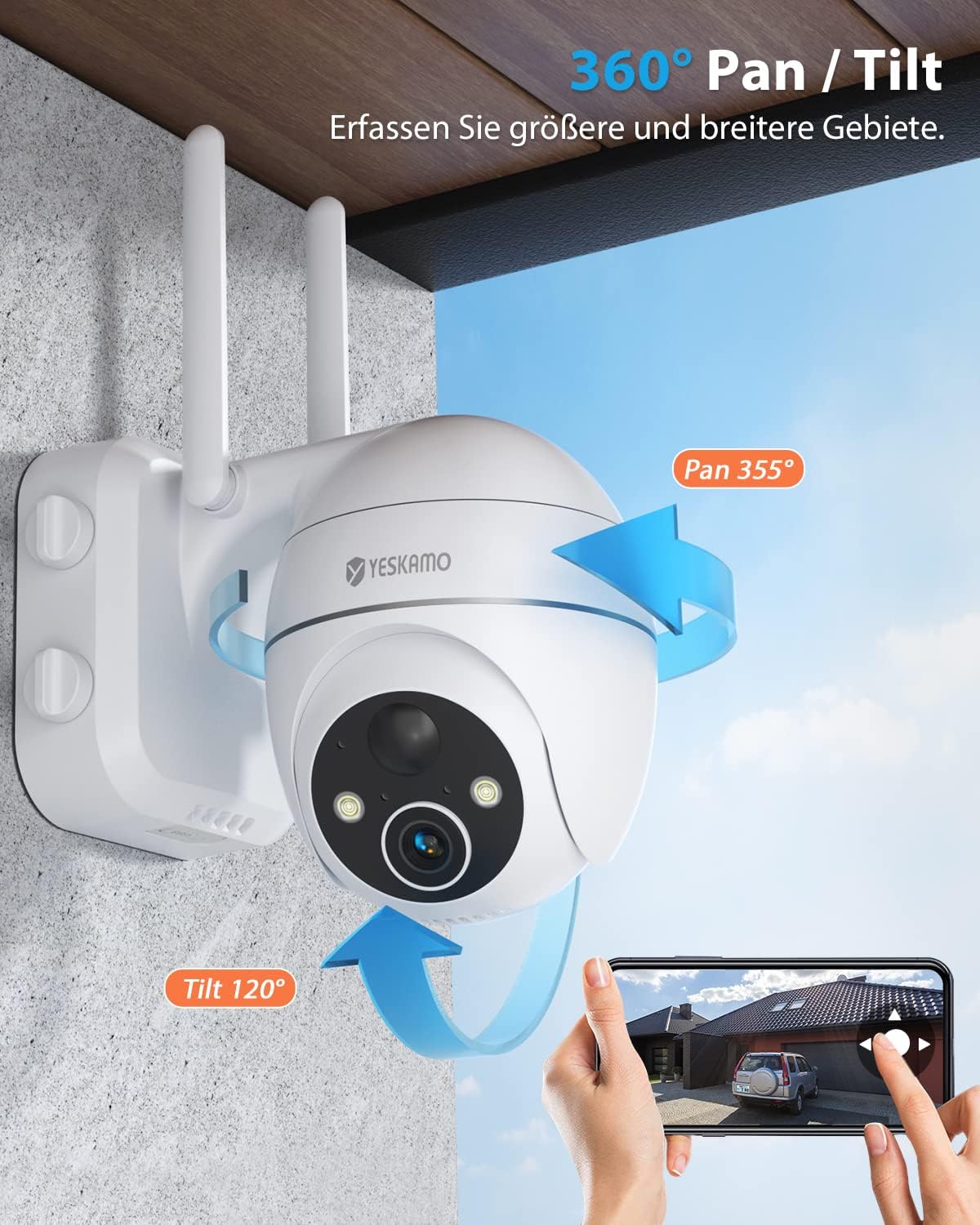 Diagram illustrating the 360-degree pan and tilt capabilities of the YESKAMO camera.