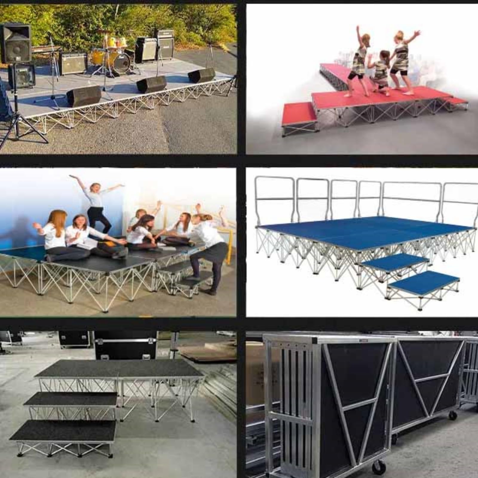 Plataforma modular portátil de 1,2 m x 1,2 m, de aluminio ligero y plegable, ideal para escenarios de entretenimiento compactos y bodas.
