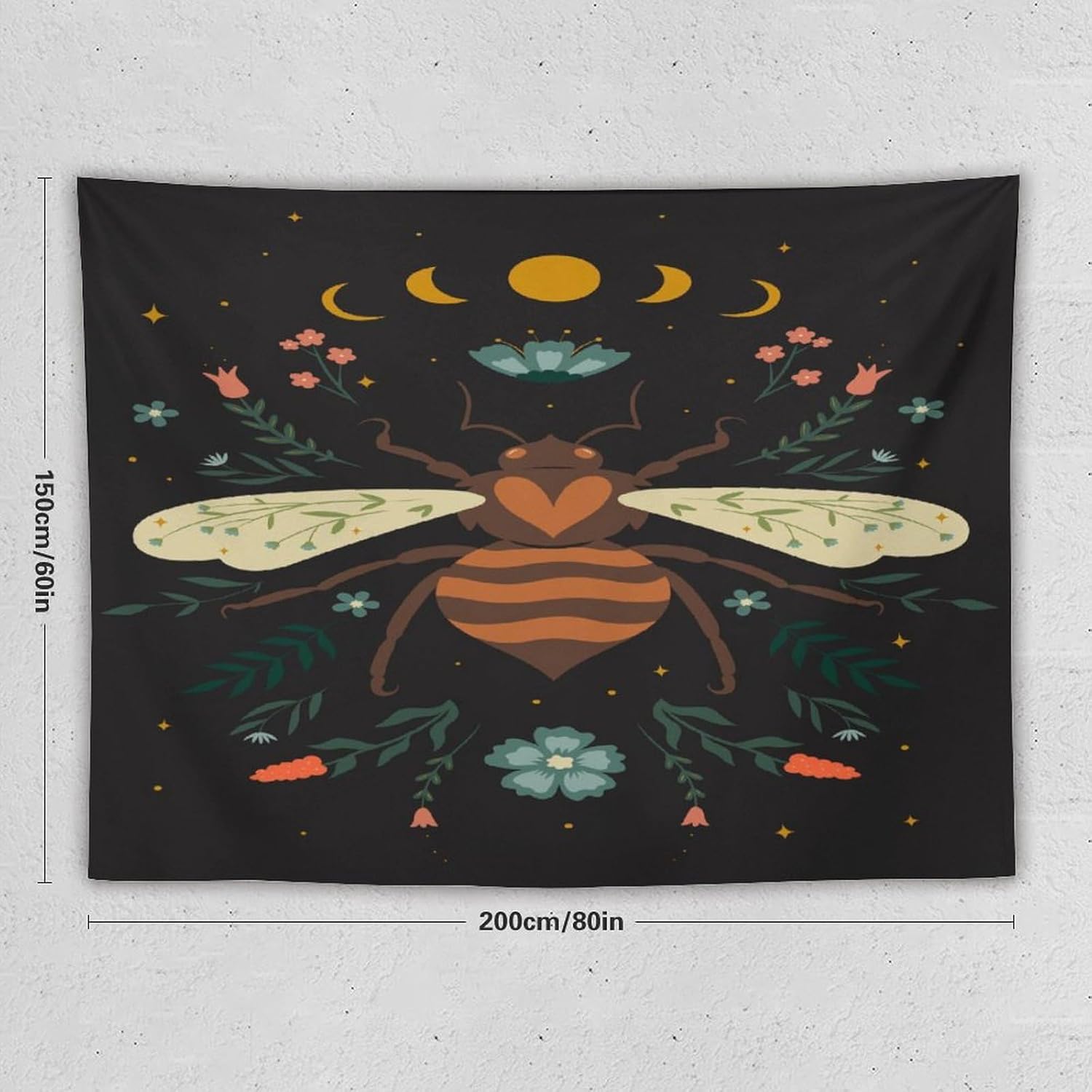 ZhiRain Sun Moon Phase Bee Tapestry Wall Hanging Boho Style Floral Starry Garden Aesthetic Flower Tapestries Home Decor for Living Room Bedroom Apartment Farmhouse Dorm 60"x80"