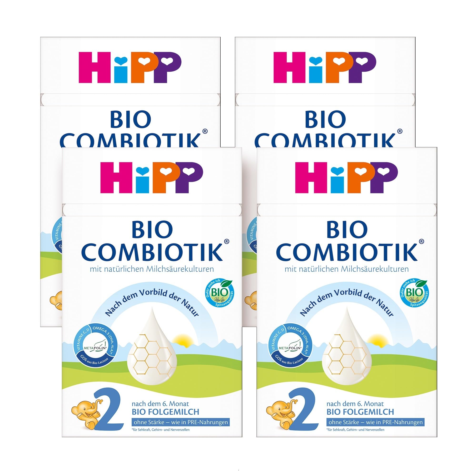 HiPP 2 Bio Combiotik Folgemilch 4 x 600g nach dem 6. Monat ohne Stärke mit Milchsäurekulturen