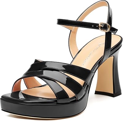 Womens Chunky Platform High Heels Block Heeled Sandals Open Square Toe Ankle Strap Dress Wedding Party Sandal Shoes 3.3