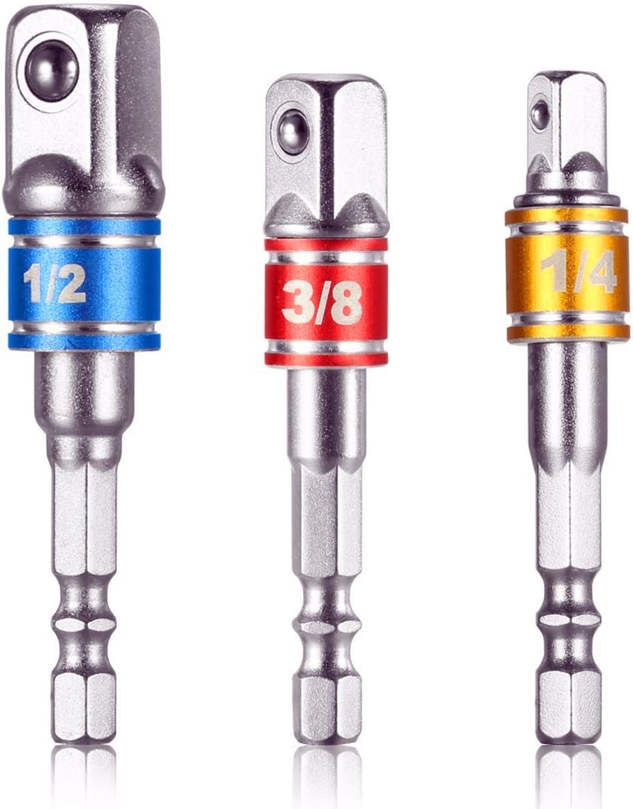 3-Piece Socket Adapter Extension Set, 1/4, 3/8, 1/2 Inch Hex Shank, Impact Grade, Power Drill to Socket Converter