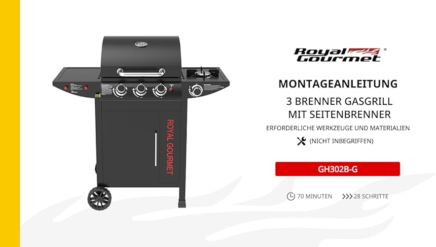 Bild 6 - Royal Gourmet Gasgrill 3+1 Brenner Grillwagen mit 11,5 kW, Campinggrill mit Seitenbrenner, Outdoor Gas Grill inkl. Haken, Unterschrank für Balkon, Party Schwarz