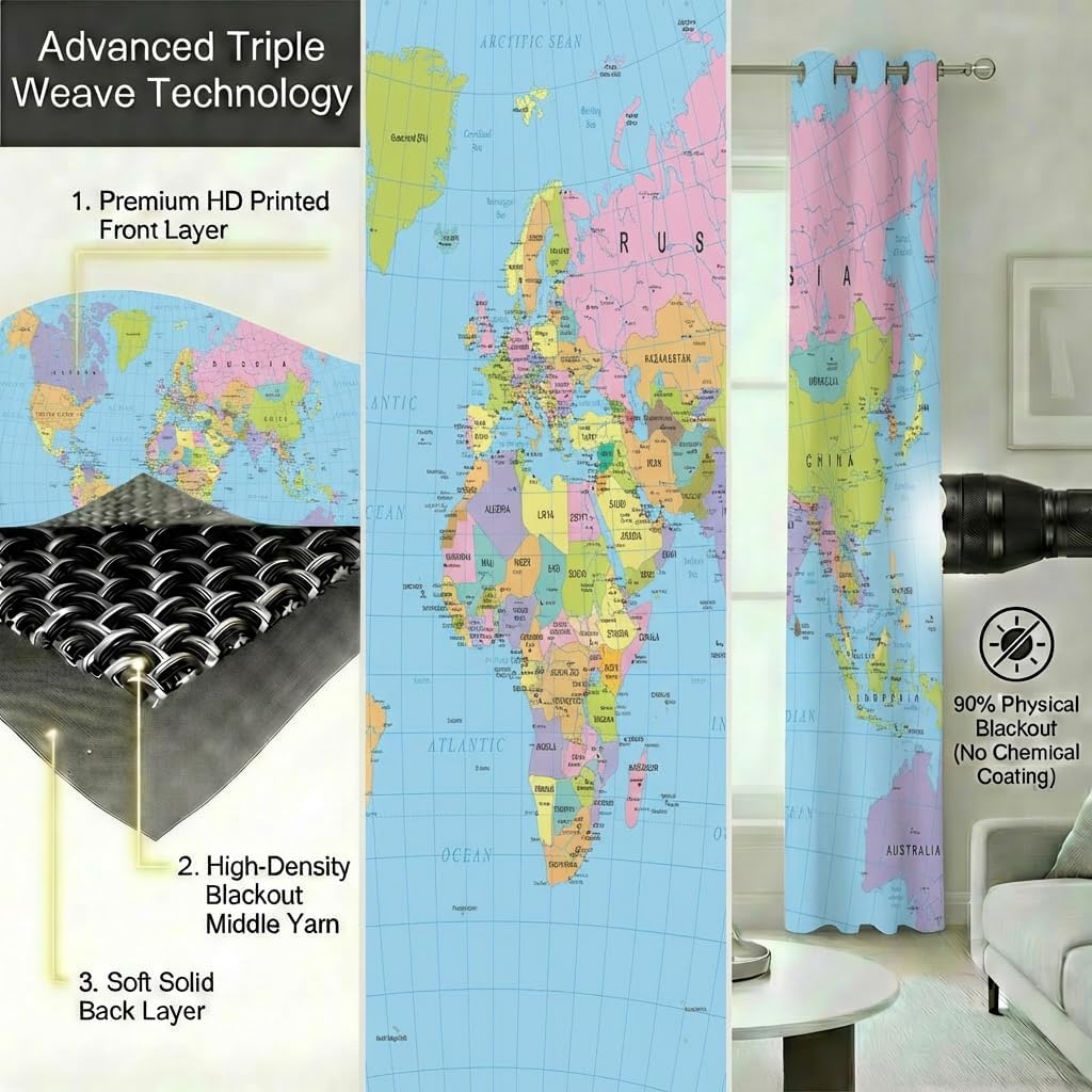 World Map Blackout Curtains for Girls Boy Home Decor, Geography Educational Tourist Map Grommet Thermal Insulated Drapes Darkening Window Curtain for Bedroom Living Room, 84 x 84 Inch