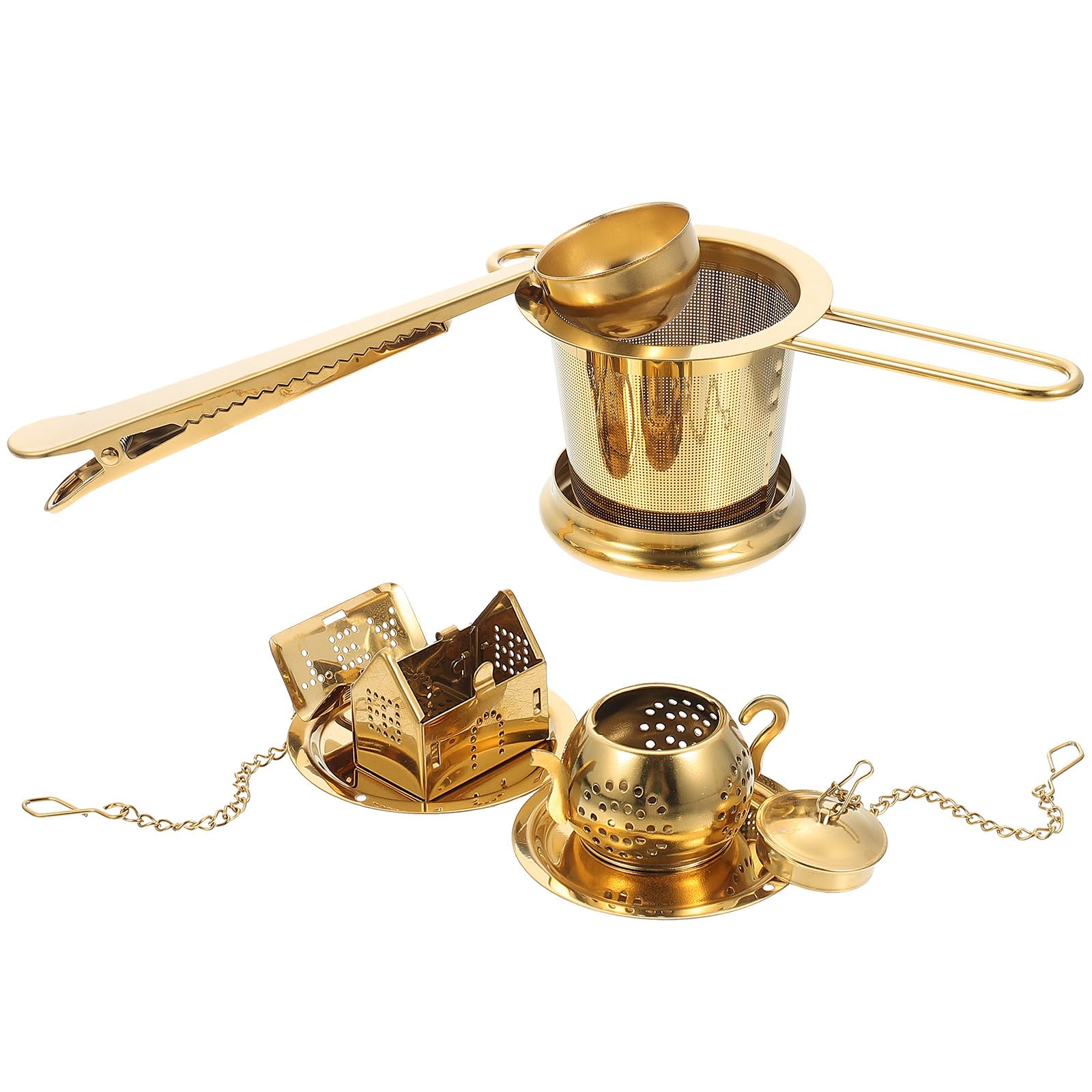Infusor de Té y Café 2 1 de Acero Inoxidable 304 Color Dorado Colador de Malla Fina Pinza Selladora Filtro Reutilizable para Hojas Sueltas Adecuado para Ceremonia y Uso