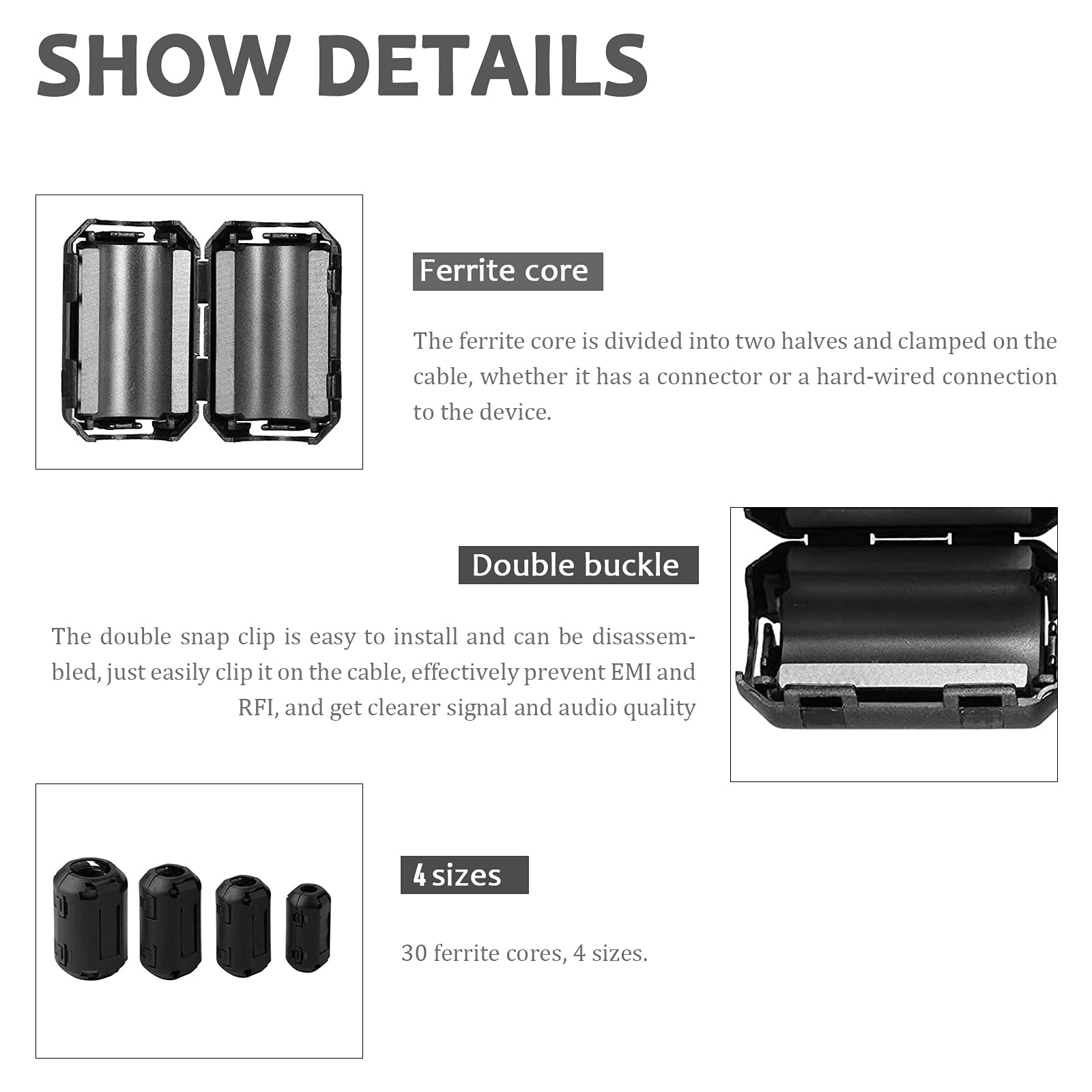 Anti Interference Emi Rfi 30 Anneaux Ferrite GZjiyu Anti Parasite - 4 Tailles Pour Câbles USB/Audio/Vidéo Ferrite Sur Câble Secteur