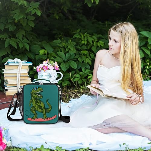 Miniatura 4 de Lonchera de verano con diseño de dinosaurio y surf, bolsa de almuerzo aislada para niños, con correa para el hombro y soporte para botella de agua,